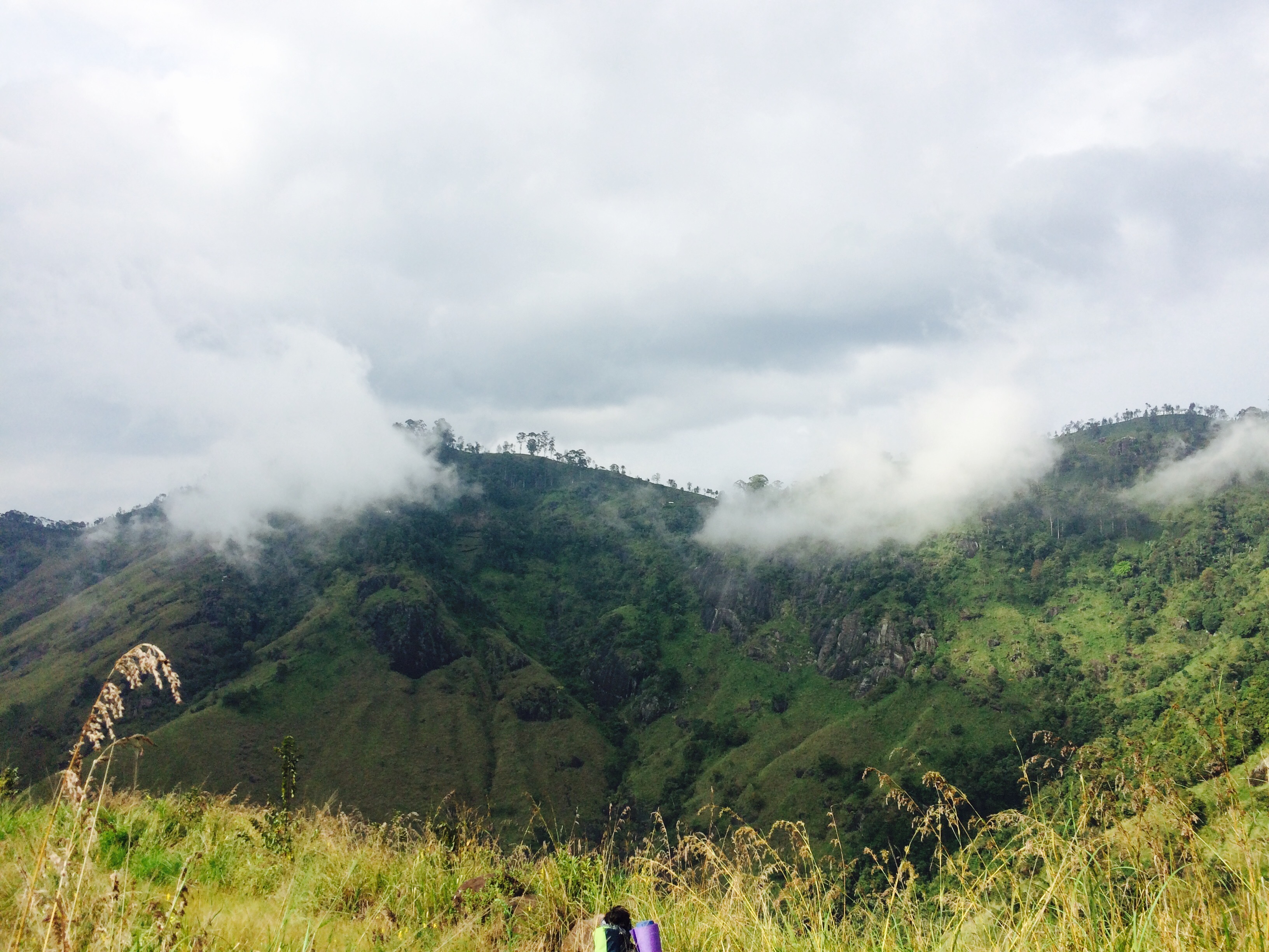 Misty green mountains with forested slopes and grassy foreground, a person carrying a backpack is visible in the bottom of the frame.