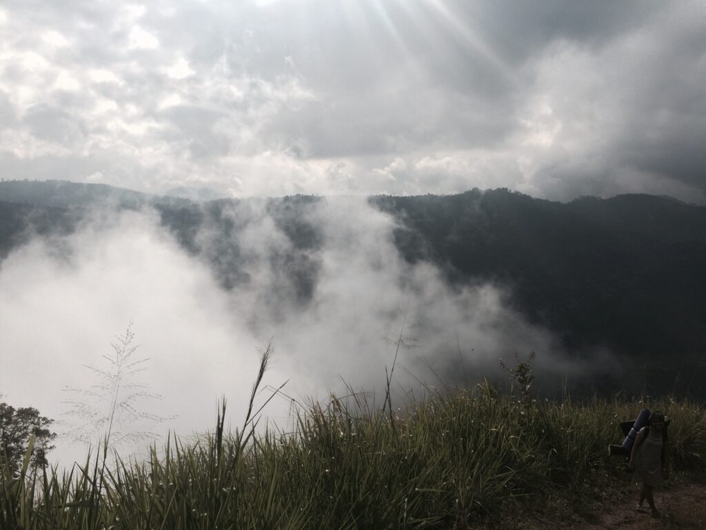 A misty mountain landscape with clouds rolling over forested hills. In the foreground, tall grasses and wildflowers grow on a hillside. Sunbeams pierce through the cloudy sky, illuminating patches of fog drifting between the mountains. A silhouette of a person can be seen at the edge of the grassy area, taking in the dramatic, ethereal view.